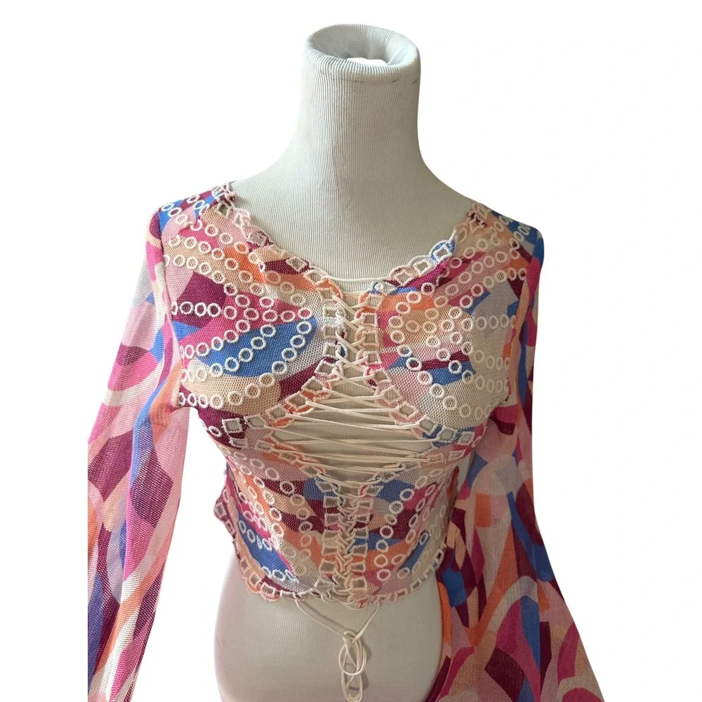 NEW Free People Eyes On You Lace Up Mesh Crop Top Bell Sleeve S Festival Fairy